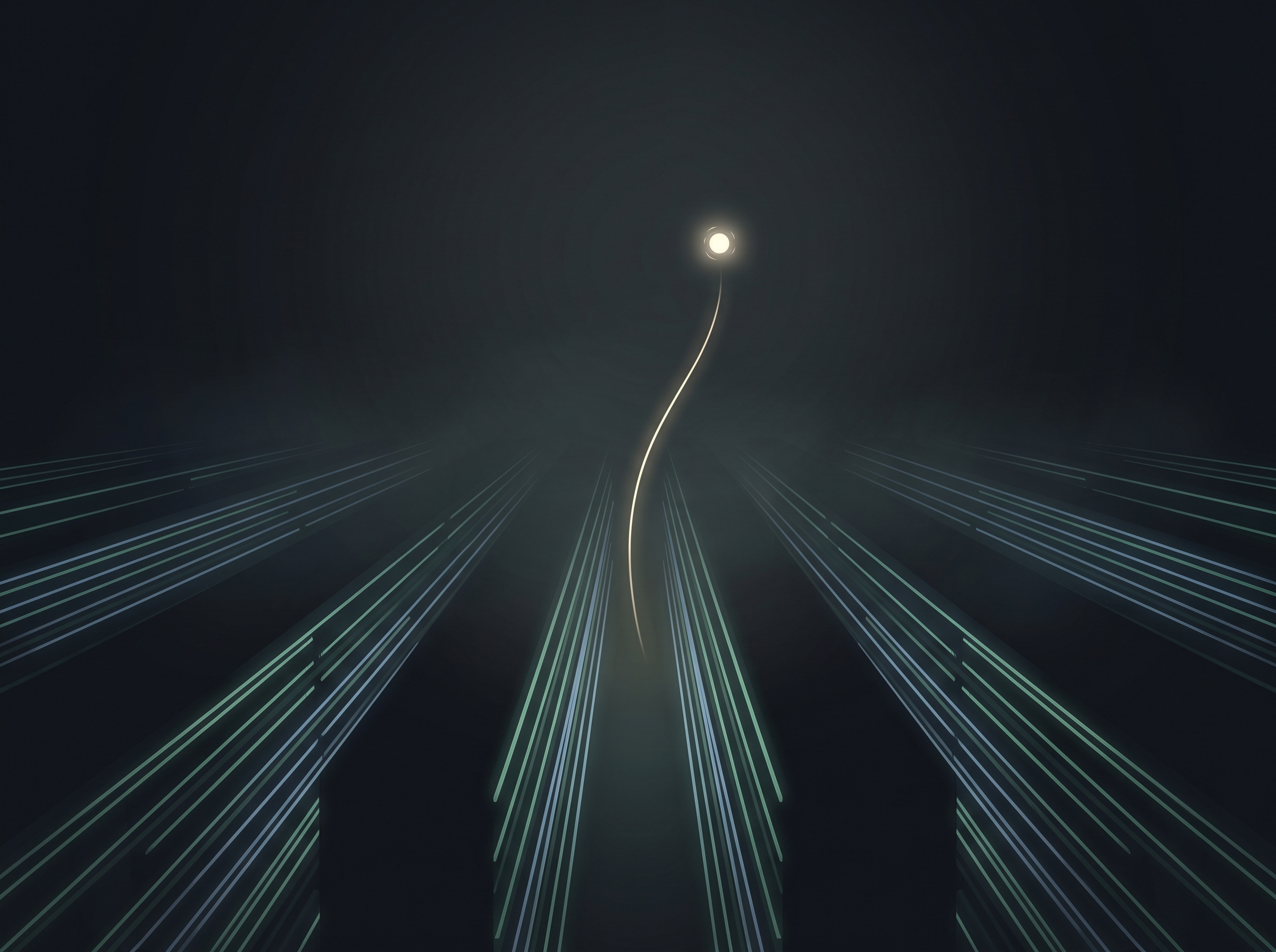 One passage of light lifted out of a dark archive of glowing shelves
