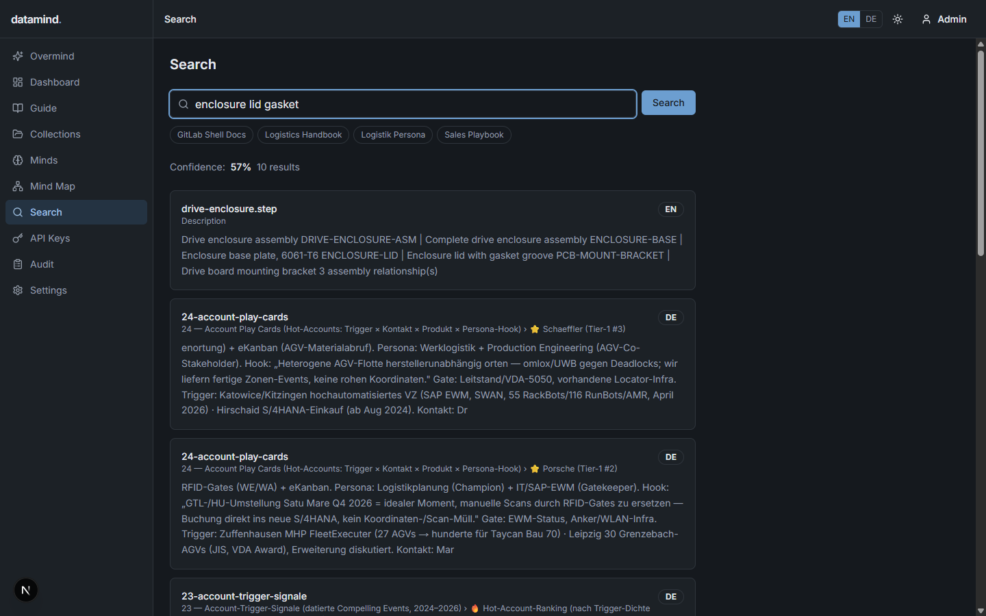 Semantic search results ranking the correct CAD document first with match confidence
